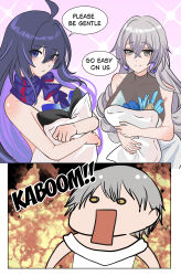  1boy 2girls absurdres ahoge barabin black_hair breasts bronya_rand caelus_(honkai:_star_rail) cleavage closed_mouth collarbone crossed_bangs earrings english_text grey_eyes grey_hair hair_between_eyes highres honkai:_star_rail honkai_(series) jewelry long_hair multicolored_hair multiple_girls open_mouth pillow purple_hair second-party_source seele_(honkai:_star_rail) speech_bubble streaked_hair trailblazer_(honkai:_star_rail) yellow_eyes 