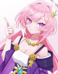  bare_shoulders breasts cleavage coat cyrene_(aedes_elysiae)_(honkai:_star_rail) cyrene_(honkai:_star_rail) cyrene_(ripples_of_past_reverie)_(honkai:_star_rail) diamond-shaped_pupils diamond_(shape) dress female hair_ornament hashtag-only_commentary highres honkai:_star_rail honkai_(series) jewelry large_breasts long_hair looking_at_viewer mirari_ill multicolored_hair necklace pink_hair purple_coat purple_eyes self_cosplay simple_background smile solo symbol-shaped_pupils two-tone_hair very_long_hair white_background white_dress white_hair 