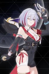  absurdres bare_shoulders belt black_belt black_gloves breasts cowboy_shot detached_sleeves elbow_gloves female gloves grey_hair grin gun handgun highres holding holding_gun holding_weapon honkai:_star_rail honkai_(series) long_sleeves looking_at_viewer multicolored_hair numby_(honkai:_star_rail) one_eye_closed red_hair short_hair single_elbow_glove small_breasts smile standing streaked_hair thighs topaz_(honkai:_star_rail) trotter_(honkai:_star_rail) walnutsoup weapon 