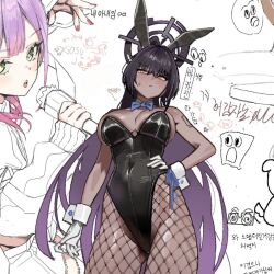  2girls animal_ears anyak05 black_leotard blue_archive bow bowtie character_request dark-skinned_female dark_skin fake_animal_ears fishnet_pantyhose fishnets halo karin_(blue_archive) karin_(bunny)_(blue_archive) leotard multiple_girls number_tattoo official_alternate_costume pantyhose playboy_bunny purple_halo rabbit_ears tattoo traditional_bowtie 