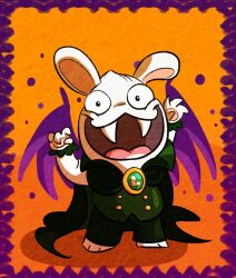  2025 3_toes 4_fingers anthro arms_bent barefoot black_cape black_clothing black_eyes border bottomwear bow_tie button_(fastener) cape clothed clothed_anthro clothed_male clothing colored crossover digital_drawing_(artwork) digital_media_(artwork) english_description fake_fangs feet fingers full-length_portrait fully_clothed fully_clothed_anthro fully_clothed_male fur green_bottomwear green_bow_tie green_clothing green_pants green_topwear green_vest halloween hand_pawpads holidays lagomorph long_ears looking_at_viewer male male_anthro mammal mario_bros mario_plus_rabbids_kingdom_battle nintendo no_eyebrows noseless open_mouth open_smile orange_background pants pawpads pink_tongue portrait purple_border rabbid rabbid_luigi randomrabbidramblings raving_rabbids rayman_(series) shaded shirt simple_background smile smiling_at_viewer solo standing straight_legs tan_inner_ear tan_pawpads toes tongue topwear ubisoft vampire_costume vest white_body white_clothing white_fur white_shirt white_topwear wizard_costume 