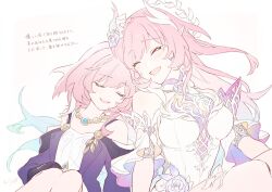  2girls bare_shoulders blue_hair breasts closed_eyes cyrene_(aedes_elysiae)_(honkai:_star_rail) cyrene_(honkai:_star_rail) cyrene_(ripples_of_past_reverie)_(honkai:_star_rail) detached_sleeves dress earrings gradient_hair highres honkai:_star_rail honkai_(series) instntmssl jewelry large_breasts long_hair medium_hair multicolored_hair multiple_girls open_mouth pink_hair purple_dress single_earring sitting white_dress 