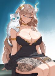  animal animal_on_shoulder armlet black_dress blue_background blue_eyes breasts brown_hair cat_on_shoulder cleavage closed_mouth commentary cowboy_shot double-parted_bangs dress english_commentary feline female gold_armlet gold_choker hair_between_eyes hiba_(vtuber) highres horn_ornament horn_ring horns indie_virtual_youtuber jewelry large_breasts long_hair looking_down ontheleftiez sitting smile solo strapless strapless_dress virtual_youtuber 
