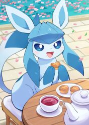  2025 absurd_res ambiguous_gender beverage blue_body blue_eyes blue_fur blush chair eating eating_food eeveelution feral food fur furniture generation_4_pokemon glaceon happy hi_res holding_food holding_object komanyachi looking_at_viewer nintendo on_chair open_mouth outside paws petals pokemon pokemon_(species) quadruped sitting sitting_on_chair solo table tail tea watermark 