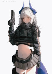  absurdres alternate_costume arknights black_gloves brown_eyes brown_skirt bulletproof_vest dated dragon_girl dragon_horns dragon_tail female gloves grey_hair gun hair_down handgun highres holding holding_gun holding_weapon holster horns liskarm_(arknights) long_hair looking_at_viewer midriff navel pppmepl simple_background skirt solo tail thigh_holster weapon white_background 