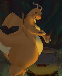  antennae_(anatomy) anthro belly big_belly blush breasts brown_eyes cauldron claws cooking cutlery dragonite featureless_breasts female food generation_1_pokemon hi_res horn kitchen_utensils looking_at_viewer night nintendo nude orange_body orange_skin outside overweight overweight_anthro overweight_female pazzl pokemon pokemon_(species) slightly_chubby slightly_chubby_anthro slightly_chubby_female smile solo soup spoon tail thick_thighs tools wide_hips wings 