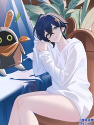  ! baggy_clothes bangboo_(zenless_zone_zero) belle_(zenless_zone_zero) blue_hair chair commentary_request crossed_bangs dated day earrings eyeliner female green_eyes guhuabingwu hair_between_eyes hair_ornament highres holding hood hoodie indoors jewelry letter_hair_ornament looking_at_viewer makeup mismatched_earrings naked_hoodie on_chair plant red_eyeliner short_hair sitting smile twitter_username white_hoodie wooden_chair zenless_zone_zero 