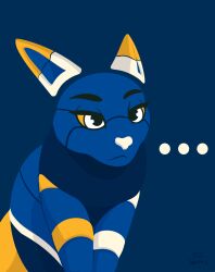  2025 ambiguous_gender blue_background blue_body digital_media_(artwork) disappointed domestic_cat e621 esix felid feline felis feral frown hi_res machine mammal mascot nospots reaction_image robot signature simple_background solo stare tail text white_eyes yellow_eyes 