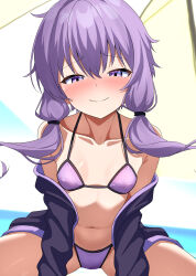  absurdres beach_umbrella bikini black_jacket blush breasts covered_nipples female highres jacket long_hair long_sleeves looking_at_viewer maretto navel off_shoulder open_clothes open_jacket outdoors purple_bikini purple_eyes purple_hair small_breasts smile solo spread_legs swimsuit umbrella voiceroid yuzuki_yukari 