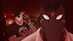  absurd_res anthro barazoku black_body black_clothing black_scales black_shirt black_topwear brown_body brown_fur clothing duo echo_(game) echo_(series) echo_project flynn_moore fur gila_monster green_eyes helodermatid hi_res lizard male male/male mammal muscular muscular_male mustelid orange_stripes otter piercing pyro4707 reptile scales scalie shirt stripes sydney_bronson topwear 