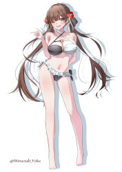  absurdres alternate_costume arm_behind_back bare_shoulders bikini blue_sky blush breasts brown_hair cleavage cloud cloudy_sky collarbone commentary_request commission day flower frilled_bikini frills full_body gundam68 hair_flower hair_ornament hand_up hibiscus highres honkai:_star_rail honkai_(series) large_breasts long_hair looking_at_viewer multicolored_bikini navel o-ring o-ring_bikini o-ring_top ocean one_eye_closed open_mouth shadow simple_background skeb_commission sky smile solo standing stomach sushang_(honkai:_star_rail) swimsuit teeth twintails twitter_username two-tone_bikini upper_teeth_only white_background yellow_eyes 