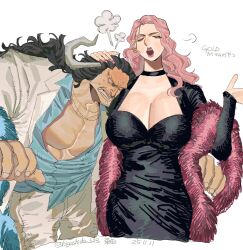  1boy beard_stubble black_choker black_dress black_hair blue_shirt breasts charlotte_linlin choker closed_eyes curled_horns dress eyelashes facial_hair feather_boa female hand_on_another&#039;s_head higashida_623 highres horns jacket kaidou_(one_piece) large_breasts long_hair long_sleeves one_piece open_mouth pants pink_hair shirt simple_background stubble sweatdrop twitter_username white_background white_jacket white_pants 