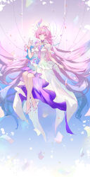  absurdres bare_shoulders breasts closed_mouth commentary cyrene_(honkai:_star_rail) cyrene_(ripples_of_past_reverie)_(honkai:_star_rail) dress female gradient_hair halo halo_behind_head hand_up high_heels highres honkai:_star_rail honkai_(series) long_hair looking_at_viewer medium_breasts multicolored_hair on_swing pink_hair purple_eyes purple_hair shoes signature simple_background smile solo swing very_long_hair wen_chen white_background white_dress white_shoes 