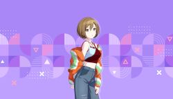  blue_pants break_down_the_wall_(project_sekai) breasts brown_eyes brown_hair colorful_palette crop_top denim earrings female fur_jacket game_cg green_jacket hair_between_eyes highres jacket jeans jewelry meiko_(vocaloid) multicolored_jacket necklace official_art open_clothes open_jacket orange_jacket pants project_sekai purple_background solo third-party_source torn_clothes torn_jeans torn_pants triangle vivid_bad_squad_meiko vocaloid white_jacket 