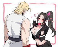  1boy andy_bogard apollo_(pixiv884782) bare_shoulders belt between_breasts black_belt black_gloves black_hair black_jacket black_pants blonde_hair blush breasts breasts_squeezed_together brown_hair cleavage closed_eyes collarbone commentary_request couple facing_another fatal_fury fatal_fury:_city_of_the_wolves female food food_between_breasts gloves hair_ornament heart height_difference high_ponytail highres jacket large_breasts leather leather_jacket long_hair midriff motoyui navel ninja official_alternate_costume pants parted_bangs partially_unzipped pocky pocky_day ponytail puckered_lips shiranui_mai short_hair sleeveless straight sweatdrop upper_body white_dougi 