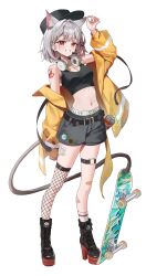  absurdres animal_ear_fluff animal_ears arm_tattoo arm_up asymmetrical_legwear badge bandage_on_leg bandages bandaid bandaid_on_finger bandaid_on_hand bandaid_on_leg bare_shoulders belt black_belt black_hat black_shirt black_shoes black_shorts bob_cut breasts cat_ears cat_tail chann837 cleavage colored_inner_animal_ears commentary crop_top ear_piercing female full_body grin hair_intakes hair_ornament hairclip hat headphones headphones_around_neck highres jacket long_tail microphone midriff multicolored_hair navel neneko_mashiro off_shoulder open_clothes open_jacket piercing puffy_sleeves red_eyes red_streaks shirt shoes short_hair shorts simple_background single_fishnet_legwear single_sleeve_past_fingers single_sock skateboard smile socks solo spray_paint standing stellive stomach streaked_hair symbol-only_commentary tail tattoo thigh_belt thigh_strap underwear virtual_youtuber white_background white_hair white_socks x_hair_ornament yellow_jacket 