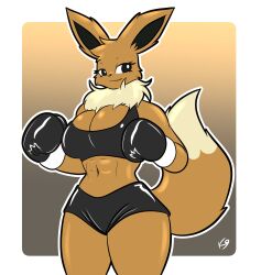  abs absurd_res anthro boxing_gloves bra clothing eevee female generation_1_pokemon handwear hi_res nintendo pokemon pokemon_(species) simple_background solo sports_bra underwear vulpinecrew watermark 