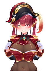  black_hat breasts brown_leotard cleavage closed_mouth cropped_jacket female gloves hat heterochromia highres hololive houshou_marine houshou_marine_(1st_costume) jacket large_breasts leotard leotard_under_clothes long_hair looking_at_viewer open_clothes open_jacket pirate_hat red_eyes red_hair red_jacket rorol_reime smile solo virtual_youtuber white_gloves yellow_eyes 