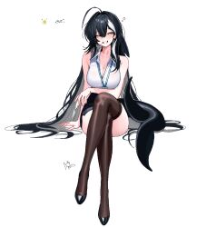  ahoge anyak05 bare_arms bare_shoulders black_hair black_shoes black_skirt blush borrowed_character breasts brown_thighhighs cetacean_tail cleavage collared_shirt crossed_legs dated_commentary female fins fish_tail full_body grin hair_between_eyes highres lanyard large_breasts long_hair looking_at_viewer miniskirt multicolored_hair orca_(haze_(7h4ze)) orca_girl original pencil_skirt shirt shoes simple_background sitting skirt sleeveless sleeveless_shirt smile solo tail thighhighs two-tone_hair very_long_hair white_background white_eyes white_hair white_shirt 