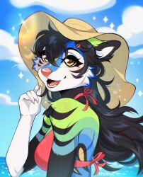  5_fingers anthro arm_tuft beach bikini bikini_top black_hair canid canine canis cheek_tuft clothing crydogg domestic_dog erika_(trashcat14) facial_tuft female fingers fox fur fur_markings hair happy hi_res hybrid long_hair mammal markings multicolored_body multicolored_fur nature nature_background open_mouth shoulder_tuft sky solo summer_hat swimwear tuft two-piece_swimsuit yellow_eyes 