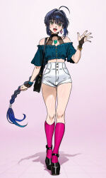  1boy :d ahoge black_hair blue_hair blue_shirt bridal_gauntlets brown_eyes collarbone earrings fate/grand_order fate_(series) floating_hair full_body gradient_hair grey_background gt_(inesperados2013) hair_between_eyes hair_intakes heart heart_earrings high-waist_shorts highres jewelry kneehighs long_hair midriff multicolored_hair off-shoulder_shirt off_shoulder red_socks shirt short_shorts short_sleeves shorts smile socks solo standing stomach trap very_long_hair white_shorts yamato_takeru_(fate) 