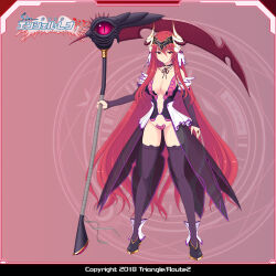  bare_shoulders black_thighhighs breasts bridal_gauntlets choker cleavage copyright_name detached_sleeves female full_body game_cg holding horns kourin_tenshi_en_ciel_rena large_breasts large_variant_set logo long_hair looking_at_viewer lucifer_rena maebari navel official_art red_eyes red_hair revealing_clothes saitou_natsuki scythe showgirl_skirt smile solo standing strapless_bottom suhamaya thighhighs tomoe_rena variant_set very_long_hair weapon 