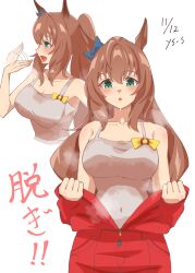  absurdres alternate_costume animal_ears bare_shoulders blue_eyes blush bow breasts brown_hair collarbone ear_bow fanning_face fanning_self female green_eyes hair_between_eyes highres horse_ears horse_girl jumpsuit kyoshinsya_ysis large_breasts long_hair maruzensky_(umamusume) open_jumpsuit open_mouth ponytail red_jumpsuit smile tank_top umamusume upper_body yellow_bow 