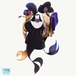  1:1 2023 5_fingers absurd_res adobe_photoshop_(artwork) alice_pisoni alternate_species arms_bent artist_name beads black_clothing black_eyewear black_hair black_lips black_robe black_sunglasses black_tail black_veil blue_tail brown_body brown_eyebrows brown_skin chains closed_eyes clothed clothed_female clothed_humanoid clothing coat colored dark_body dark_skin dated deloris_wilson-van_cartier digital_drawing_(artwork) digital_media_(artwork) ear_piercing electronics english_description english_text eyebrows eyewear female fin fingers gold_dress gold_ring gold_tail hair hi_res holding_clothing holding_coat holding_microphone holding_object holding_topwear humanoid humanoid_merfolk jacket light lighting lips looking_at_viewer marine merfolk mermay microphone nun_outfit nun_veil open_mouth open_smile performing piercing prayer_beads purple_clothing purple_coat purple_shirt purple_topwear robe shaded shirt simple_background sister_act_(series) smile solo sparkles sparkling_tail split_form sunglasses tail tail_fin teeth text topwear veil white_background yellow_clothing yellow_jacket_(clothing) yellow_topwear 