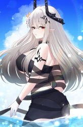  arknights black_horns black_sarong breasts commentary cowboy_shot day female grey_hair hair_between_eyes highres horns hyeroin infection_monitor_(arknights) large_breasts lens_flare light_particles long_hair looking_at_viewer material_growth mudrock_(arknights) mudrock_(silent_night)_(arknights) official_alternate_costume oripathy_lesion_(arknights) outdoors parted_lips pointy_ears red_eyes sarong see-through_clothes see-through_sarong smile solo standing wading water 