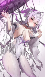  absurdres breasts cleavage commentary_request detached_sleeves female goddess_of_victory:_nikke highres iwazaki leotard liberalio_(nikke) medium_breasts medium_hair pantyhose purple_eyes rain solo umbrella white_leotard white_pantyhose 