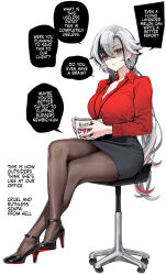  alternate_costume arlecchino_(genshin_impact) black_hair black_shoes black_skirt breasts brown_pantyhose cleavage coffee_mug collared_shirt colored_shoe_soles commentary contemporary crossed_legs cup english_commentary english_text female foxyreine full_body genshin_impact grey_hair hair_between_eyes high_heels highres holding holding_cup lanyard large_breasts long_hair long_sleeves looking_at_viewer mug multicolored_hair office_lady on_stool pantyhose partially_shaded_face partially_unbuttoned pencil_skirt ponytail pumps red_eyes red_hair red_shirt shirt shoes simple_background sitting skirt solo speech_bubble thought_bubble white_background 