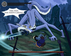  2025 all_fours armor canid canine canis dark_souls detailed_background duo female fromsoftware gameplay_mechanics great_grey_wolf_sif gui health_bar humor illumination_entertainment mammal melee_weapon murid murine parody porsha_crystal rat rodent sing_(movie) sir_paulus sword weapon wolf 