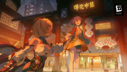  2girls absurdres accessories architecture bare_shoulders beads beizi_(clothing) belle_(delicate_sunlight)_(zenless_zone_zero) belle_(zenless_zone_zero) beret black_bow black_hat blonde_hair blue_hair bow bracelet breasts building button_gap chinese_clothes closed_eyes crossed_bangs detached_sleeves dress earrings east_asian_architecture hair_between_eyes hair_ornament hat high-waist_shorts highres holding_hands jewelry large_breasts letter_hair_ornament looking_at_another monster_girl multiple_girls official_alternate_costume official_art open_mouth orange_dress outdoors pantyhose purple_eyes scylla shirt short_hair shorts single_earring suction_cups tentacle tentacle_girl tentacle_tail thigh_strap white_pantyhose white_shirt white_sleeves yidhari_murphy zenless_zone_zero 