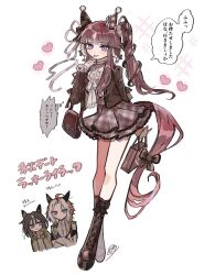  3girls absurdres ahoge alternate_costume animal_ears bag black_hair blue_eyes blunt_bangs blush boots breasts brown_boots brown_hair brown_jacket checkered_clothes checkered_skirt closed_mouth commentary_request crossed_arms ear_covers ear_ornament hair_between_eyes hair_ornament handbag heart highres holding horse_ears horse_girl horse_tail jacket kumo_(mokumoku_warabi) long_hair long_sleeves looking_at_viewer lucky_lilac_(umamusume) multicolored_hair multiple_girls open_clothes open_jacket open_mouth orange_hair orfevre_(umamusume) parted_lips ponytail purple_eyes ribbed_shirt shirt side_ponytail skirt smile speech_bubble stay_gold_(umamusume) streaked_hair tail translation_request two-tone_hair umamusume white_hair white_shirt 