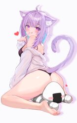  absurdres ahoge animal_ear_fluff ass barefoot black_bra black_panties blue_hair blush bra breasts colored_inner_hair female hashtag-only_commentary heart highres hololive looking_at_viewer medium_breasts medium_hair multicolored_hair nekomata_okayu nekomata_okayu_(oversized_shirt) official_alternate_costume onigirya_(nekomata_okayu) panties purple_eyes purple_hair shiemika324 shirt smile solo two-tone_hair underwear virtual_youtuber white_background white_shirt 