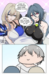  1boy 2girls absurdres barabin black_hair blonde_hair blue_eyes blue_hair breasts caelus_(honkai:_star_rail) closed_eyes closed_mouth english_text hair_between_eyes highres honkai:_star_rail honkai_(series) large_breasts long_hair mole mole_under_mouth multicolored_hair multiple_girls natasha_(honkai:_star_rail) open_mouth pink_hair second-party_source serval_landau speech_bubble streaked_hair trailblazer_(honkai:_star_rail) 