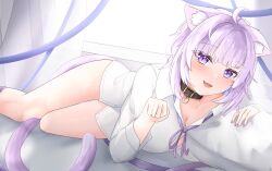  absurdres ahoge animal_ear_fluff animal_ears black_collar breasts cat_ears cat_girl cat_tail cleavage collar female highres hololive large_breasts looking_at_viewer lying nail_polish neck_ribbon nekomata_okayu nekomata_okayu_(oversized_shirt) oerba_yun_fang official_alternate_costume on_side purple_eyes purple_hair purple_nails purple_ribbon ribbon shirt skin_fang smile solo st-147 tail virtual_youtuber white_shirt 