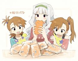  3girls brown_eyes brown_hair burger eating food futami_ami futami_mami ganaha_hibiki hair_ornament hairband highres long_hair minase_iori multiple_girls nendo23 open_mouth original shijou_takane siblings side_ponytail sisters smile star_(symbol) twins 