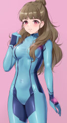  absurdres alternate_costume amayo_thranana bodysuit breasts brown_hair commentary commission cosplay covered_navel female highres idolmaster idolmaster_cinderella_girls kamiya_nao long_hair looking_at_viewer medium_breasts metroid pink_background samus_aran samus_aran_(cosplay) simple_background skeb_commission skin_tight solo standing zero_suit 