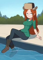  1girls barleyshake boots cleavage commission disney disney_channel disney_xd earrings eyebrows_visible_through_hair eyes_visible_through_hair female_only fully_clothed gravity_falls looking_at_viewer outdoors pinup sfw shirt sitting solo solo_female solo_focus straight_hair swimming_pool tights ushanka wendy_corduroy 