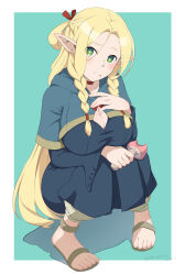  absurdres alternate_breast_size_(larger) arm_under_breasts blonde_hair blue_capelet blue_robe braid breasts bright_pupils capelet choker cleavage cleavage_cutout closed_mouth clothing_cutout collarbone detached_hood dungeon_meshi eating elf female food food_on_face green_eyes hair_around_ear hair_ribbon halfling hand_on_own_chest hand_up highres holding holding_food holding_mushroom hood hooded_capelet large_breasts long_hair long_sleeves looking_at_viewer marcille_donato masakin mushroom parted_bangs pointy_ears red_ribbon ribbon robe sandals simple_background squatting toes white_pupils 