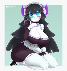  2022 animal_crossing anthro big_breasts black_wool blue_eyes blush boobs_and_butt_pose breasts cleavage clothed clothing female fur furry furry_female furry_only gammainks goth hand_on_chest hand_on_leg hi_res large_breasts looking_at_viewer maid_apron maid_headdress maid_outfit maid_uniform makeup muffy_(animal_crossing) nintendo purple_horns sheep sheep_girl solo thick_thighs thighs 