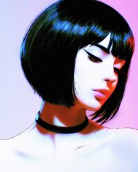  bare_shoulders black_hair blunt_bangs blunt_ends bob_cut brown_eyes choker close-up closed_mouth collarbone commentary english_commentary eyelashes female half-closed_eyes highres ilya_kuvshinov lips looking_down nude original out-of-frame_censoring pale_skin pink_lips portrait short_hair solo turning_head 