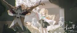  1boy absurdres ahoge black_kimono black_pants blonde_hair blurry blurry_background bow canine character_request chinese_commentary chromatic_aberration commentary_request copyright_request cuffs dark-skinned_male dark_skin dated detached_sleeves feline female femdom floral_print floral_print_sleeves flower hairbow highres holding holding_leash japanese_clothes kimono leash lolidom long_hair long_sleeves looking_at_another neko_blow open_mouth orange_bow orange_eyes pants print_sleeves shackles sleeveless sleeveless_kimono smile topless_male twintails very_long_hair white_flower white_sleeves wide_sleeves 