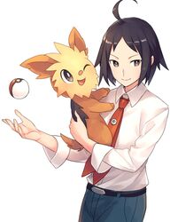  1boy ahoge bad_link belt belt_buckle black_belt black_hair blue_pants buckle cheren_(pokemon) chorefuji closed_mouth collared_shirt grey_eyes holding holding_pokemon lillipup necktie pants poke_ball poke_ball_(basic) pokemon pokemon_(creature) pokemon_bw2 red_necktie shirt short_hair simple_background smile white_background white_shirt 