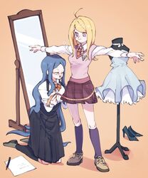  2girls ahoge akamatsu_kaede black_footwear black_skirt black_socks blonde_hair blue_dress blue_hair bow bowtie breasts brown_footwear closed_eyes commentary danganronpa_(series) danganronpa_v3:_killing_harmony dress dress_form eyelashes full_body glasses hair_ornament high_heels highres kneehighs kneeling large_breasts long_hair long_skirt long_sleeves looking_down measuring medium_breasts medium_hair mirror multiple_girls musical_note musical_note_hair_ornament neck_ribbon necktie open_mouth orange_background orange_bow orange_bowtie orange_necktie outstretched_arms paper pen pink_vest purple_eyes purple_legwear ribbon round_eyewear shadow shirogane_tsumugi shirt shoes sidelocks simple_background skirt smile sneakers socks spread_arms t-pose tailor taki_(takiki_0w0) tape_measure triangle_mouth very_long_hair vest white_shirt 