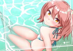  brown_eyes brown_hair commentary_request feet_out_of_frame female flat_chest kantai_collection kirigakure_(kirigakure_tantei_jimusho) long_hair looking_at_viewer partially_submerged recording ryuujou_(kancolle) sitting solo twintails viewfinder water 