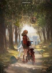  absurdres angelina_(arknights) animal_ears arknights artist_name bag bicycle black_skirt black_socks brown_eyes brown_hair female forest fox_ears from_behind full_body grass hairband highres holding jacket jersey leaf long_hair long_sleeves looking_at_viewer looking_back nature no_bicycles_sign outdoors path pedestrian_crossing_sign photoshop_(medium) pleated_skirt red_footwear red_hairband red_jacket road_sign shoulder_bag sign skirt socks standing tree twintails walking walking_bike water zzz_(orchid-dale) 