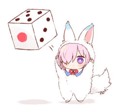  animal_costume animal_ears azu_(kirara310) blush chibi commentary_request cosplay costume dice fate/grand_order fate_(series) female fou_(fate) fou_(fate)_(cosplay) hair_over_one_eye highres kigurumi light_purple_hair long_sleeves mash_kyrielight neck_ribbon official_alternate_costume purple_eyes ribbon short_hair simple_background tail throwing white_background white_fur 