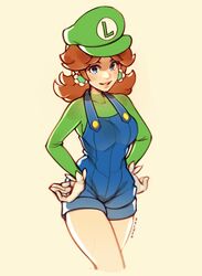  alternate_costume artist_name blue_eyes blue_overalls blush breasts brown_hair buttons cabbie_hat clothes_writing commentary cosplay covered_collarbone cowboy_shot cropped_legs earrings english_commentary female flipped_hair flower_earrings gloves green_hat green_shirt grin hair_flaps hands_on_own_hips happy hat highres jewelry long_sleeves looking_at_viewer luigi luigi_(cosplay) mario_(series) medium_breasts medium_hair overall_shorts overalls oxcoxa parted_bangs princess_daisy shirt sidelocks signature simple_background smile solo standing teeth thighs white_gloves yellow_background 